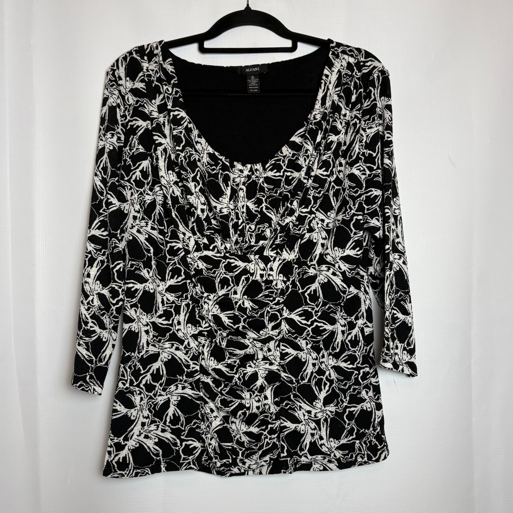 Alfani‎ Black White Floral Print Ruched V Neck 3/4 Sleeve Top Women XL Career